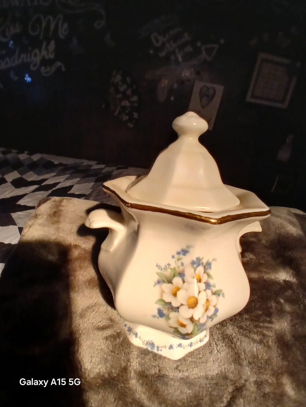 Cream Floral Porcelain Sugar Bowl with Gold Trim